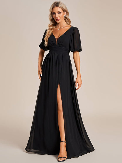 Chiffon Illusion V-Neck Flutter Sleeve Front Slit Evening Dress #Color_Black