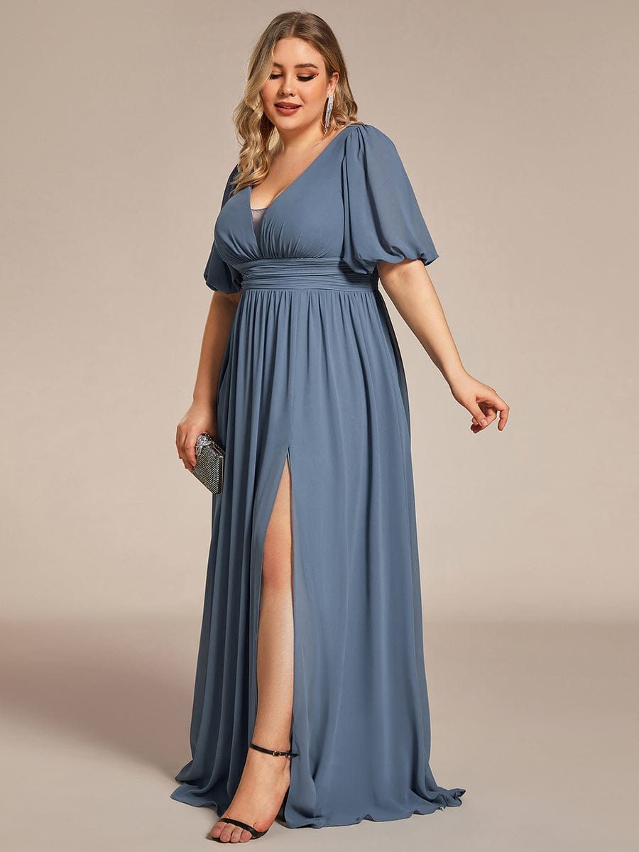 Custom Size V-Neck Front Slit Chiffon Evening Dress #Color_Dusty Navy