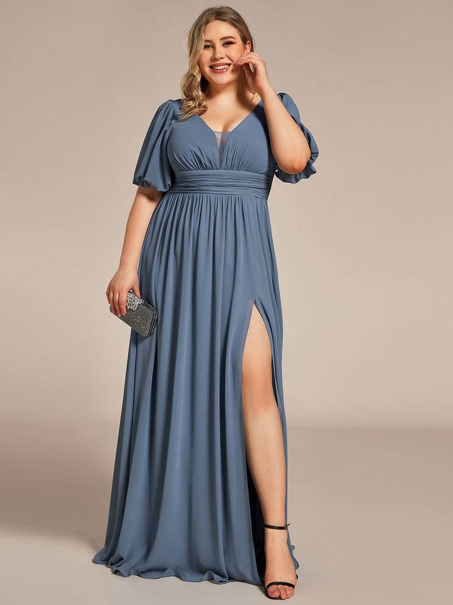 Custom Size V-Neck Front Slit Chiffon Evening Dress #Color_Dusty Navy