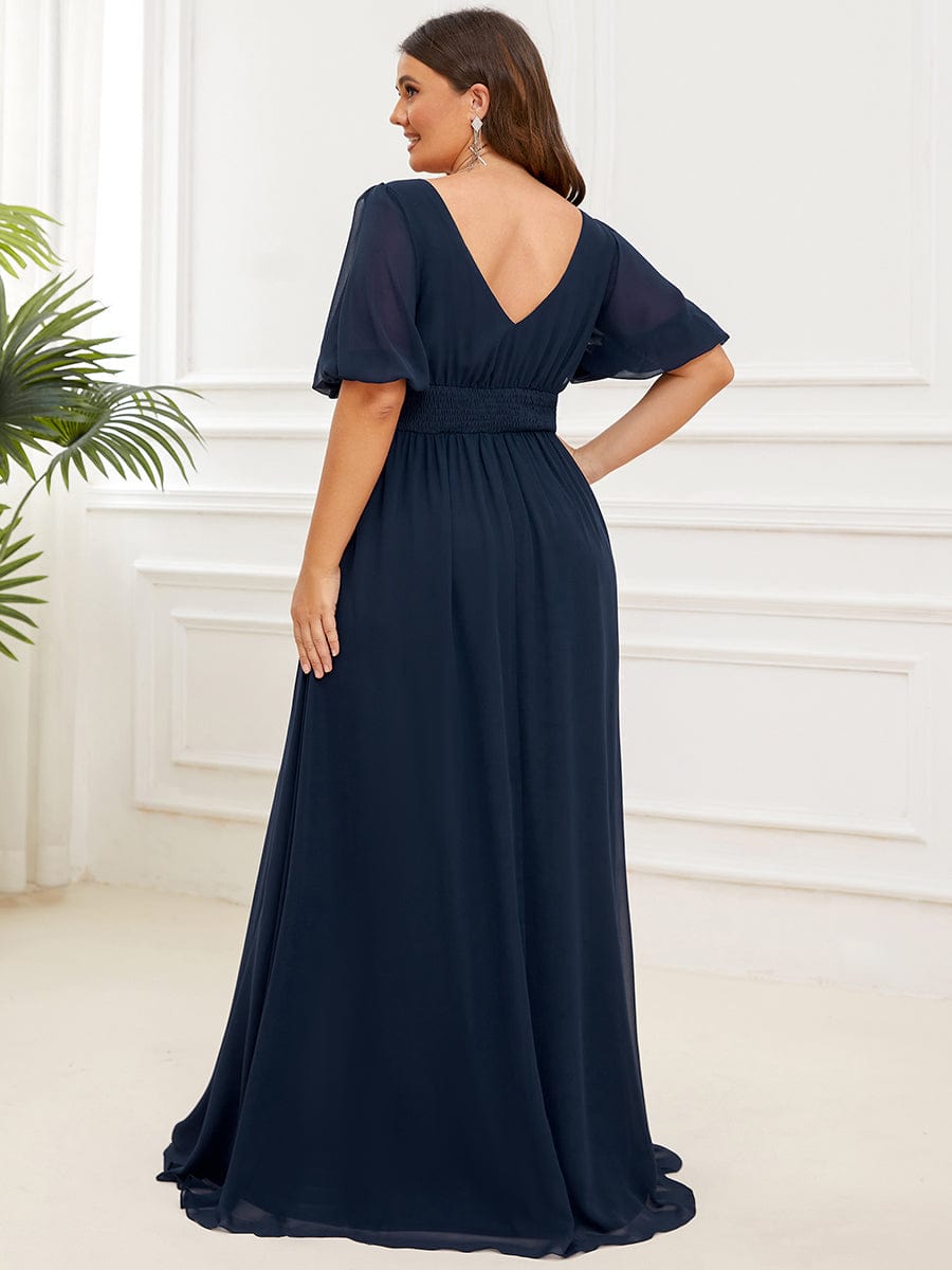 Chiffon Illusion V-Neck Flutter Sleeve Front Slit Evening Dress #Color_Navy Blue