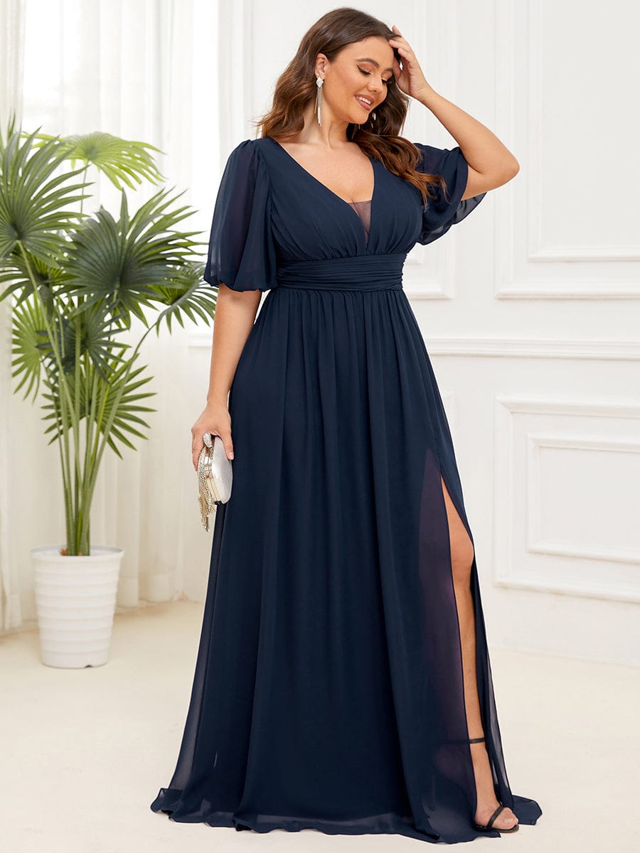 Custom Size V-Neck Front Slit Chiffon Evening Dress #Color_Navy Blue