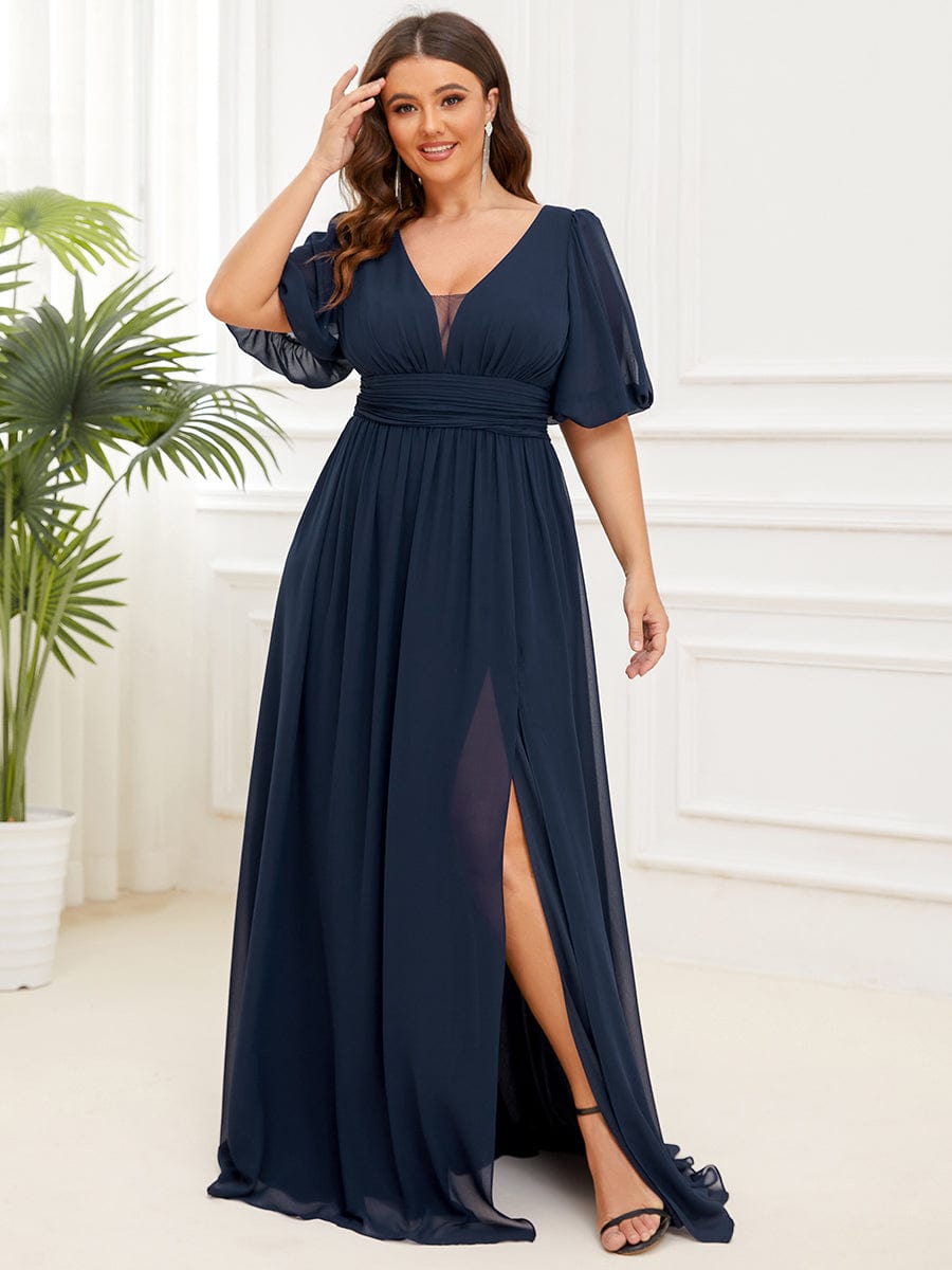 Custom Size V-Neck Front Slit Chiffon Evening Dress #Color_Navy Blue