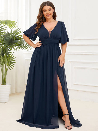 Plus Size V-Neck Front Slit Chiffon Evening Dress