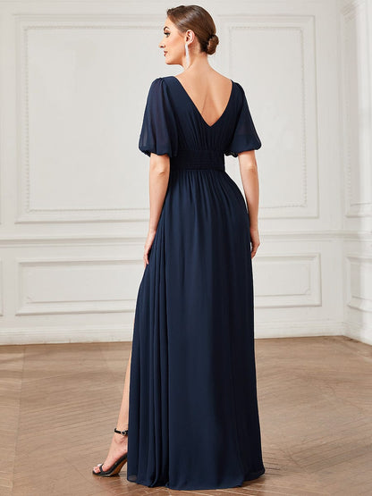 Chiffon Illusion V-Neck Flutter Sleeve Front Slit Evening Dress #Color_Navy Blue