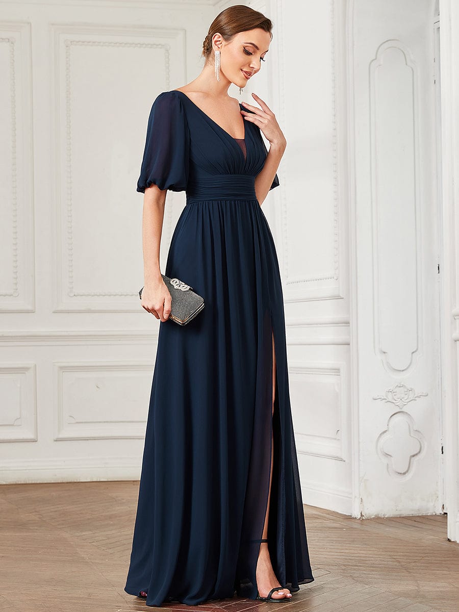 Chiffon Illusion V-Neck Flutter Sleeve Front Slit Evening Dress #Color_Navy Blue