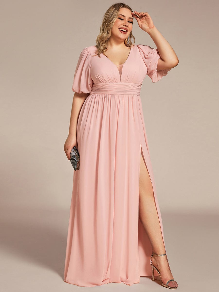 Custom Size V-Neck Front Slit Chiffon Evening Dress #Color_Pink