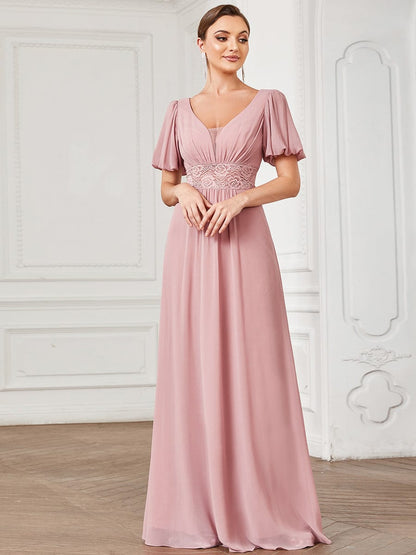 A-Line Pleated Chiffon Short Sleeve Illusion Lace Evening Dress #Color_Dusty Rose