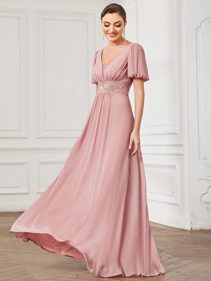 A-Line Pleated Chiffon Short Sleeve Illusion Lace Evening Dress #Color_Dusty Rose