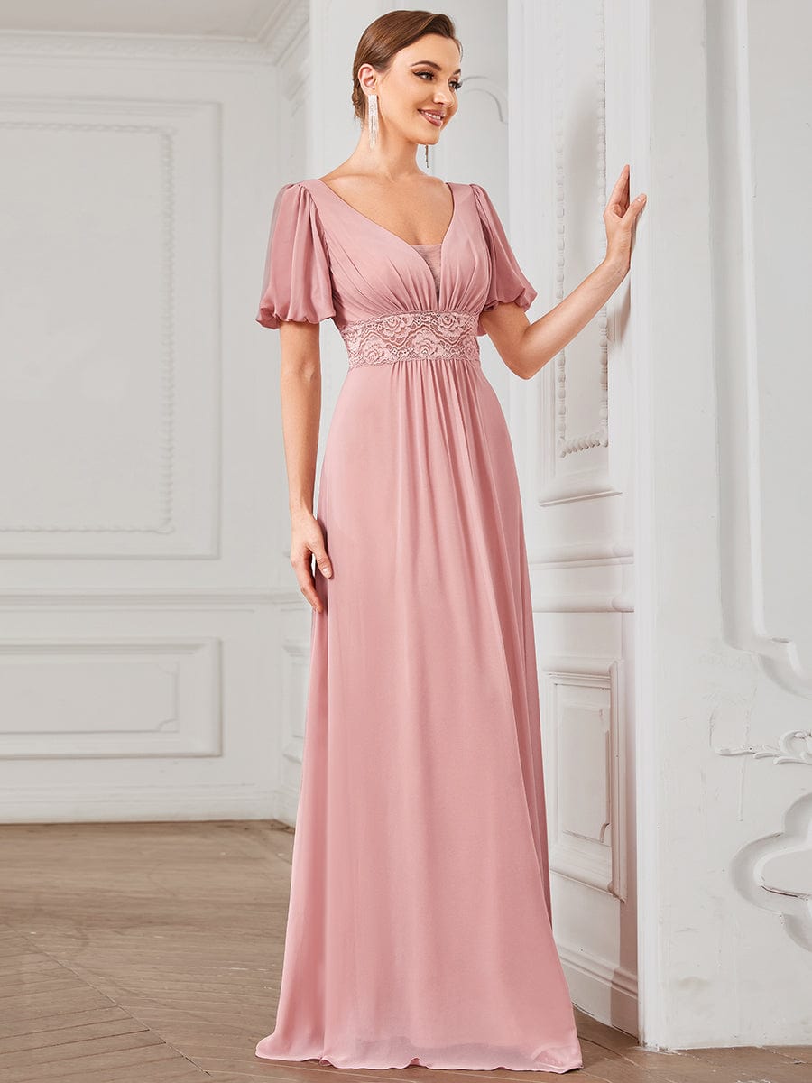 A-Line Pleated Chiffon Short Sleeve Illusion Lace Evening Dress #Color_Dusty Rose