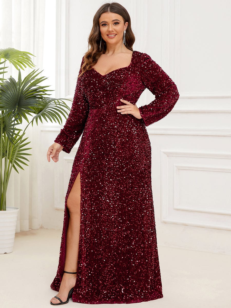 Custom Size Long Sleeve Sequin Front Slit Bodycon Evening Dress #Color_Burgundy