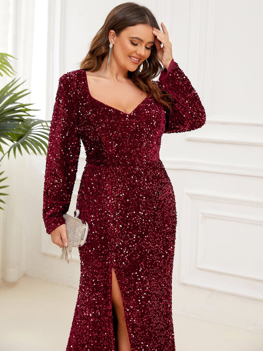 Custom Size Long Sleeve Sequin Front Slit Bodycon Evening Dress #Color_Burgundy