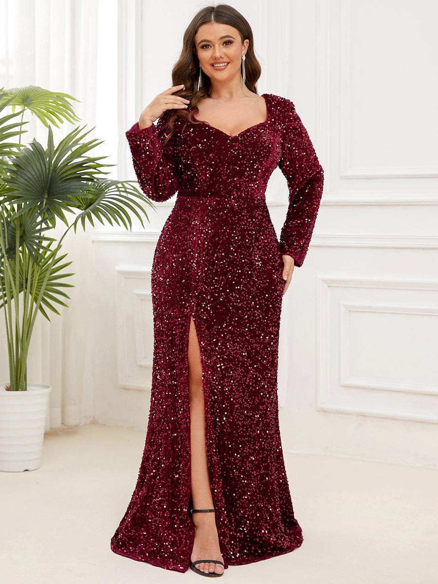 Custom Size Long Sleeve Sequin Front Slit Bodycon Evening Dress #Color_Burgundy