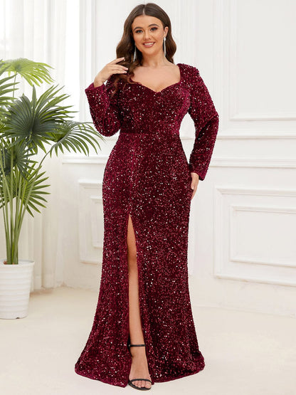 Custom Size Long Sleeve Sequin Front Slit Bodycon Evening Dress