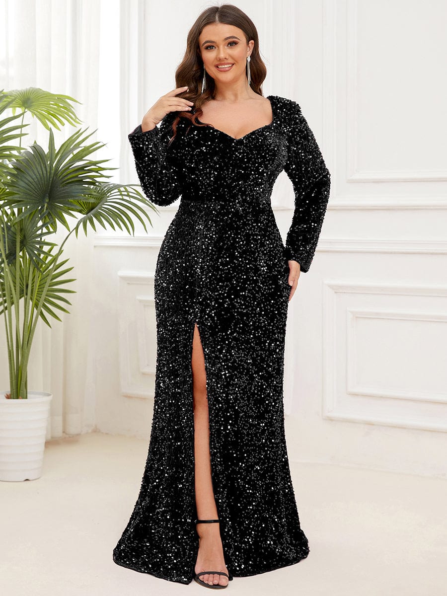 Custom Size Long Sleeve Sequin Front Slit Bodycon Evening Dress #Color_Black