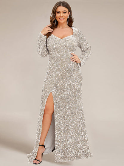 Custom Size Long Sleeve Sequin Front Slit Bodycon Evening Dress #Color_Champagne