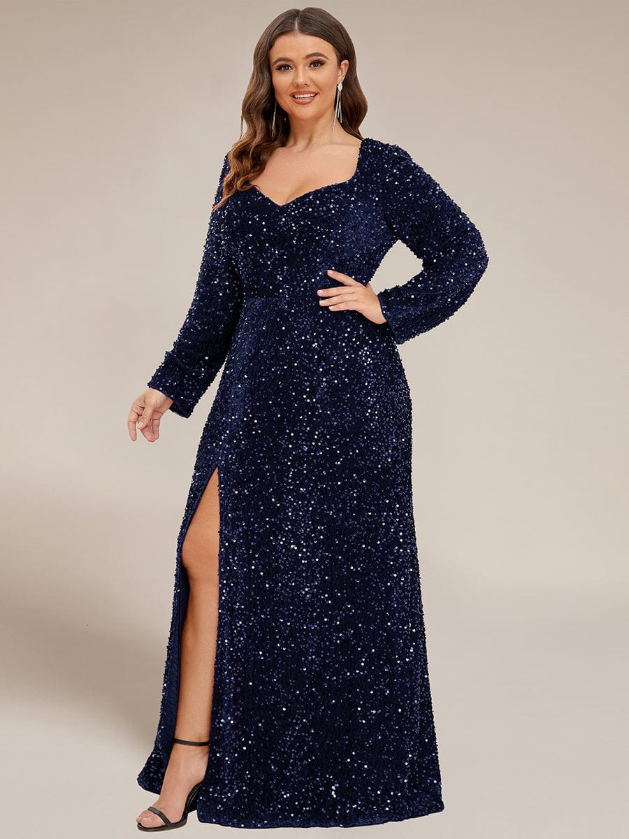 Custom Size Long Sleeve Sequin Front Slit Bodycon Evening Dress #Color_Navy Blue