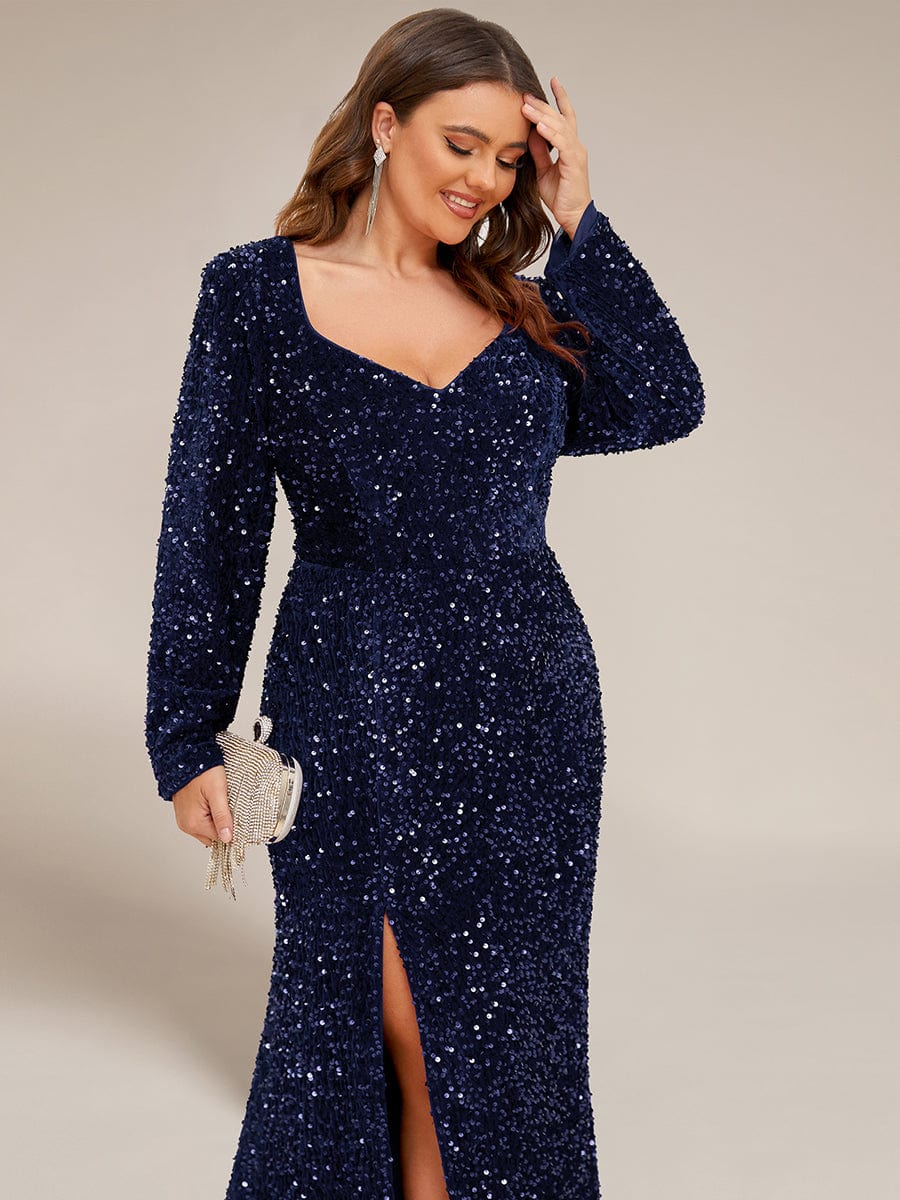 Custom Size Long Sleeve Sequin Front Slit Bodycon Evening Dress #Color_Navy Blue