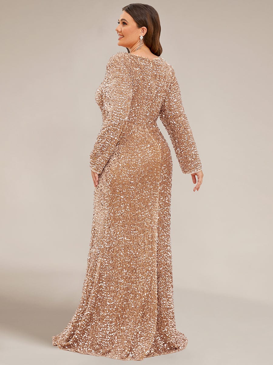 Custom Size Long Sleeve Sequin Front Slit Bodycon Evening Dress #Color_Rose Gold