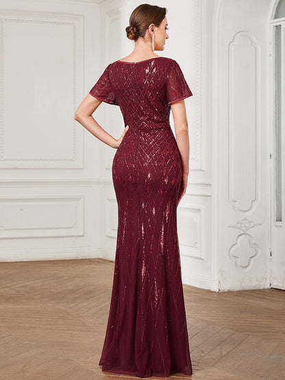 Illusion V-Neck Sequin Short Sleeve Bodycon Evening Dress #Color_Burgundy