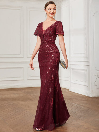 Illusion V-Neck Sequin Short Sleeve Bodycon Evening Dress #Color_Burgundy