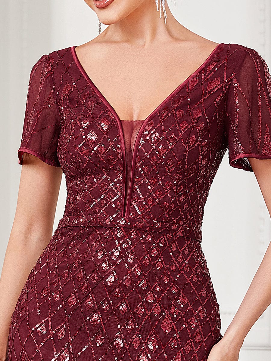 Illusion V-Neck Sequin Short Sleeve Bodycon Evening Dress #Color_Burgundy