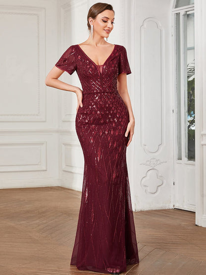 Illusion V-Neck Sequin Short Sleeve Bodycon Evening Dress