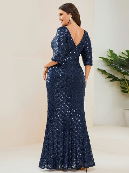 Plus Size Sequin Bodycon 3/4 Sleeve Boatneck Evening Dress #Color_Navy Blue