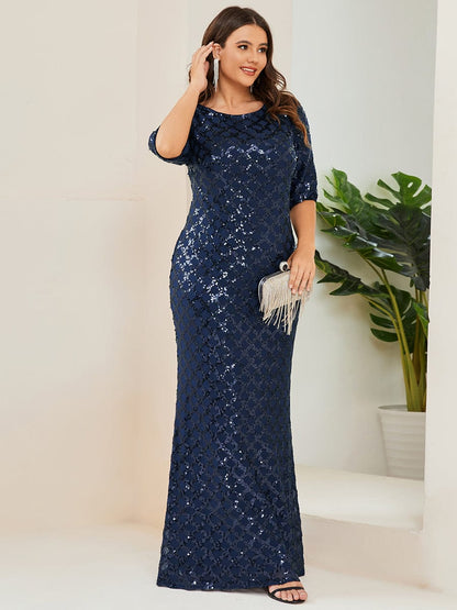 Plus Size Sequin Bodycon 3/4 Sleeve Boatneck Evening Dress #Color_Navy Blue