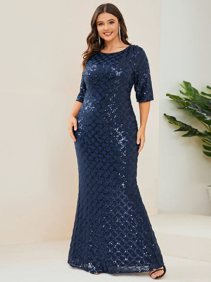 3/4 Sleeve Bodycon Plunging Back Sequin Evening Dress #Color_Navy Blue