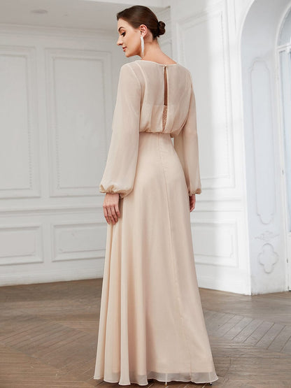 Illusion Long Sleeve Chiffon A-Line Evening Dress #Color_Blush