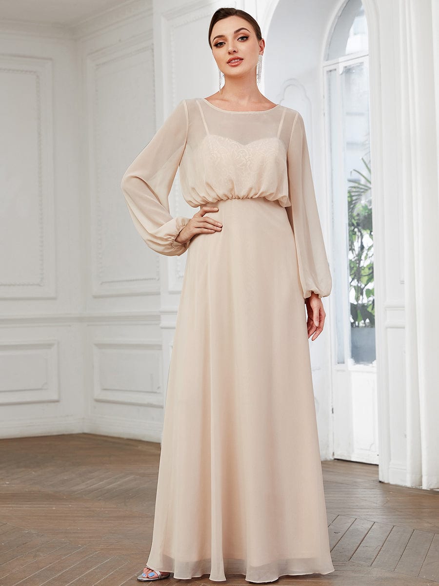 Illusion Long Sleeve Chiffon A-Line Evening Dress #Color_Blush