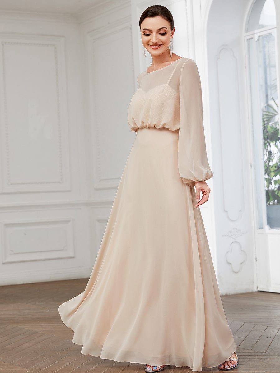 Illusion Long Sleeve Chiffon A-Line Evening Dress #Color_Blush