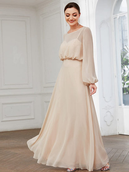 Illusion Long Sleeve Chiffon A-Line Evening Dress #Color_Blush