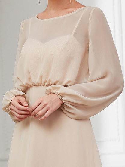 Illusion Long Sleeve Chiffon A-Line Evening Dress #Color_Blush