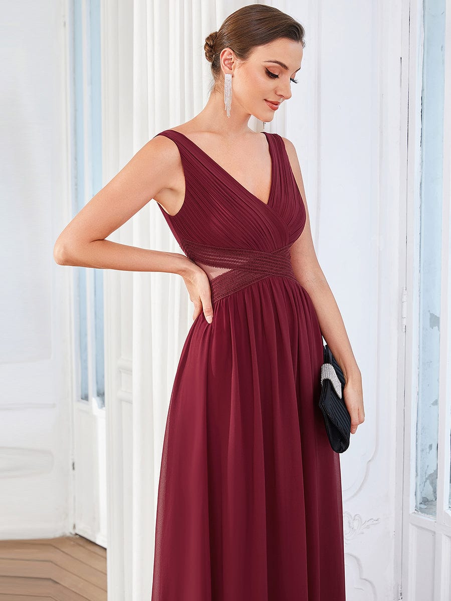 Chiffon V-Neck Backless Sleeveless Cut-Out  Evening Dress #color_Burgundy