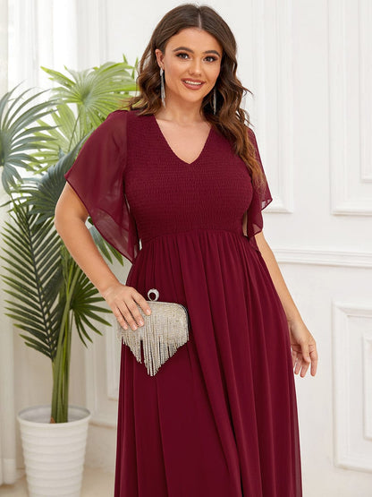 Plus Size Chiffon V-neck Ruffles Sleeve Evening Dress #Color_Burgundy