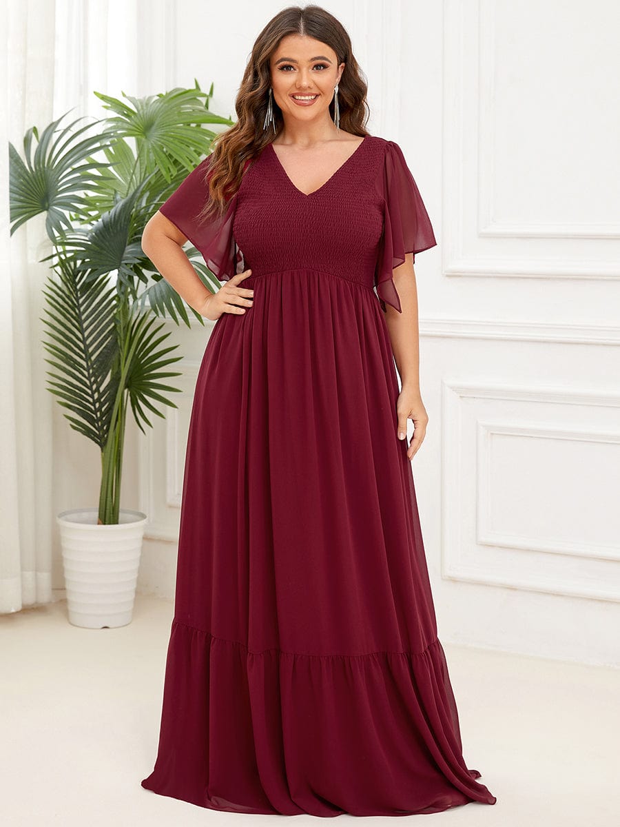 Plus Size Chiffon V-neck Ruffles Sleeve Evening Dress