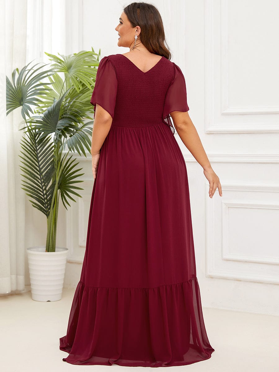 Short Sleeve V-Neck Shirred A-Line Evening Dress #Color_Burgundy