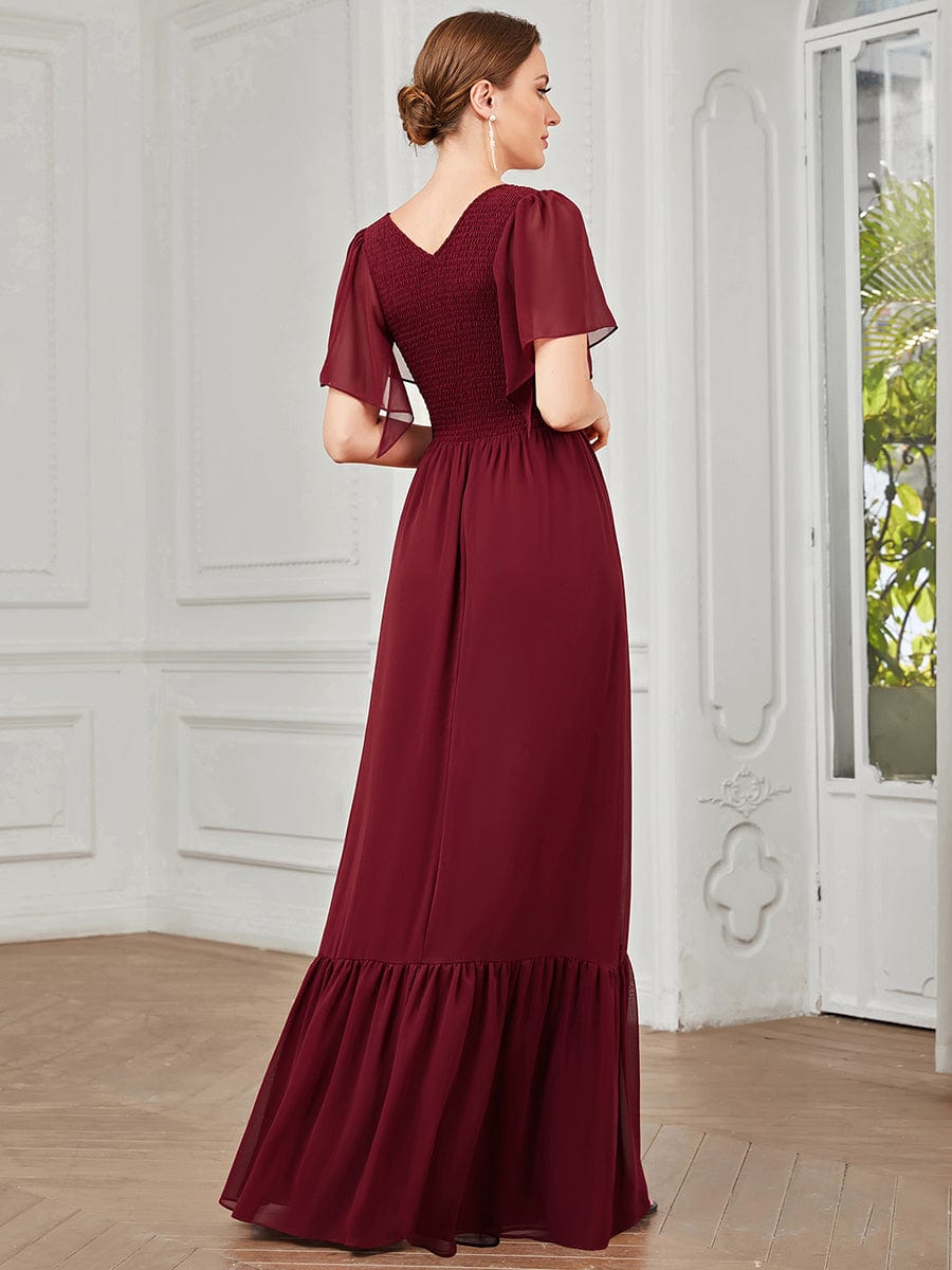 Short Sleeve V-Neck Shirred A-Line Evening Dress #Color_Burgundy