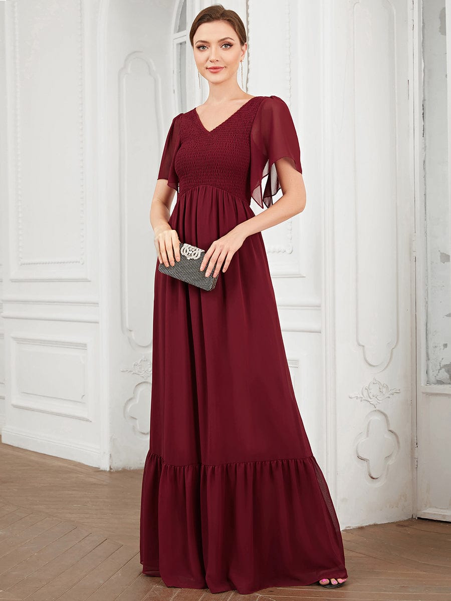 Short Sleeve V-Neck Shirred A-Line Evening Dress #Color_Burgundy