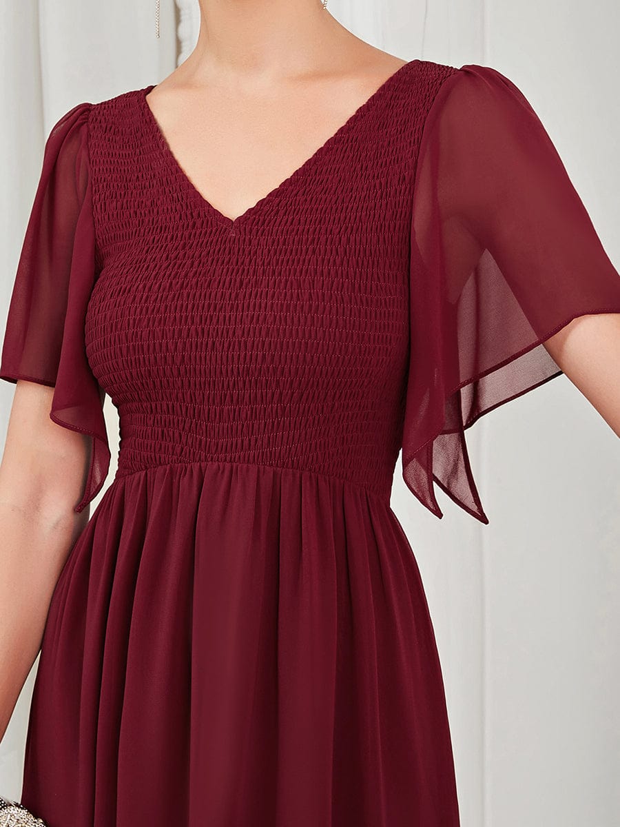 Short Sleeve V-Neck Shirred A-Line Evening Dress #Color_Burgundy