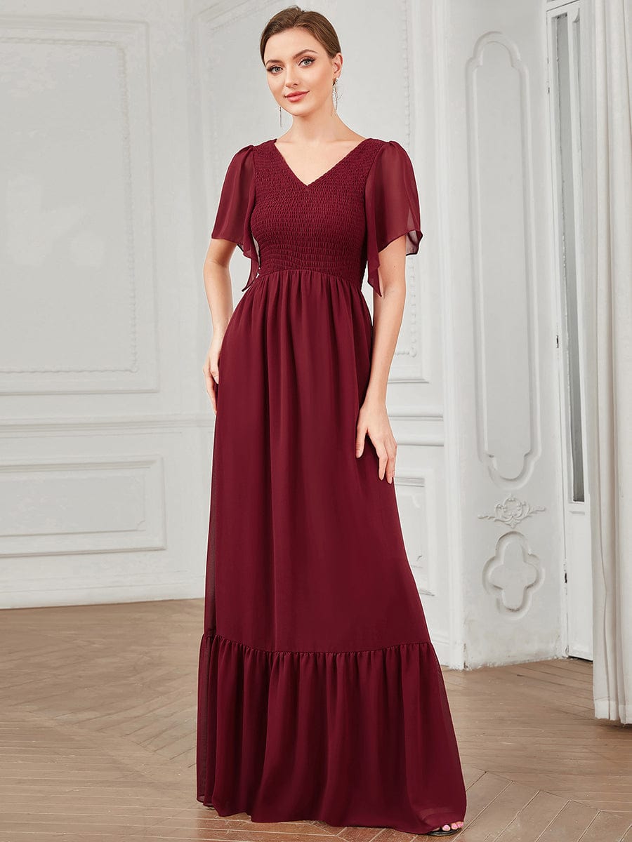 Short Sleeve V-Neck Shirred A-Line Evening Dress #Color_Burgundy