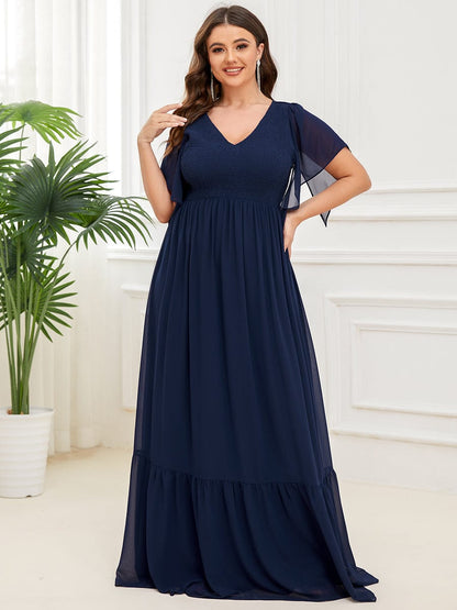 Short Sleeve V-Neck Shirred A-Line Evening Dress #Color_Navy Blue