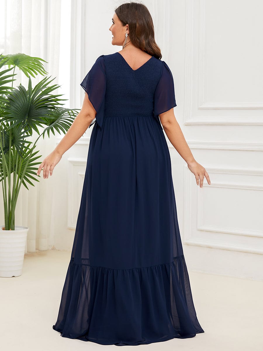 Short Sleeve V-Neck Shirred A-Line Evening Dress #Color_Navy Blue