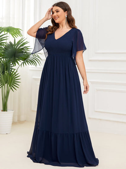 Short Sleeve V-Neck Shirred A-Line Evening Dress #Color_Navy Blue