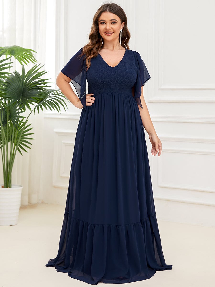 Plus Size Chiffon V-neck Ruffles Sleeve Evening Dress #Color_Navy Blue