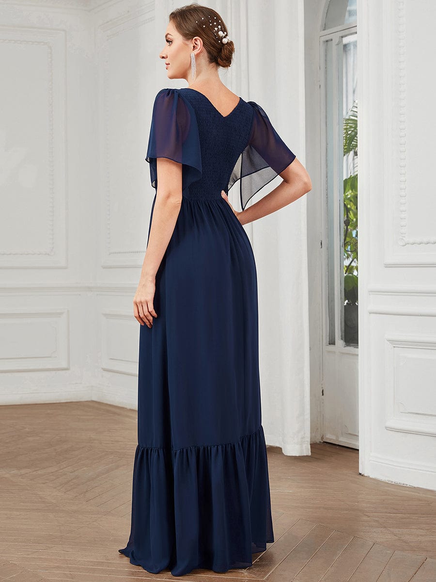 Short Sleeve V-Neck Shirred A-Line Evening Dress #Color_Navy Blue