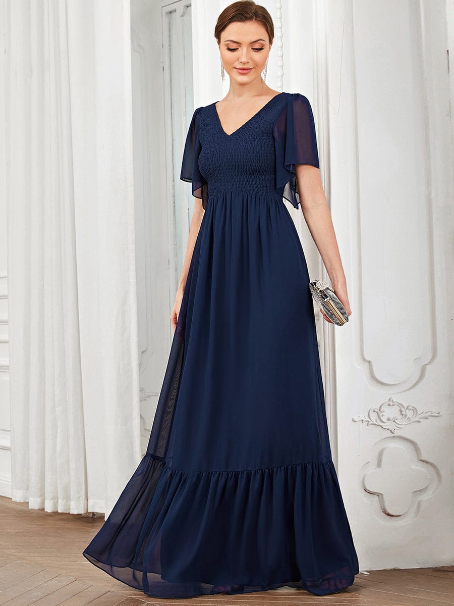 Short Sleeve V-Neck Shirred A-Line Evening Dress #Color_Navy Blue