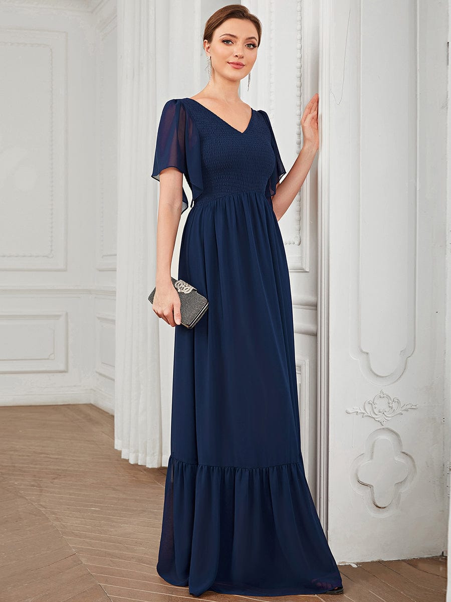 Short Sleeve V-Neck Shirred A-Line Evening Dress #Color_Navy Blue