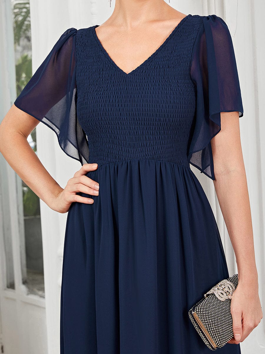 Short Sleeve V-Neck Shirred A-Line Evening Dress #Color_Navy Blue